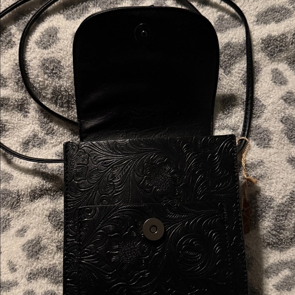 Black Embossed Crossbody Bag Southwest Western Boho Style with Turquoise Accents - Picture 3 of 5